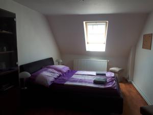 Un dormitorio con una cama con sábanas moradas y una ventana en Apartmán Křtiny, en Křtiny