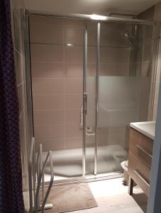 a shower with a glass door in a bathroom at Chatimbarbe in Yssingeaux