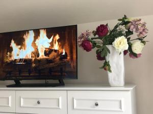 eine Blumenvase auf einer Kommode mit Kamin in der Unterkunft Villa Senator-Marstall in Travemünde