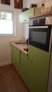 een groene keuken met een wastafel en een magnetron bij Appartement Waldenser in Bad Homburg vor der Höhe +14 foto's