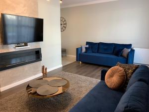 salon z niebieską kanapą i telewizorem w obiekcie Apartament WARMIA Olsztyn 58m2 - 2 pokojowy apartament z podziemnym miejscem postojowym w Olsztynie