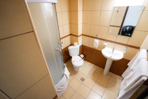 a small bathroom with a toilet and a sink at Hotel Polaris in Suceava