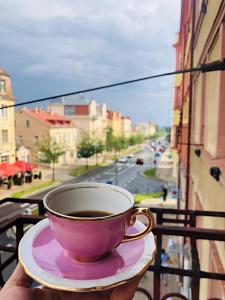 uma chávena de café sentada num prato numa varanda em MARIEN Apartment em Mariánské Lázně