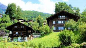 un paio di edifici su una collina con alberi di B & B Brienz a Brienz