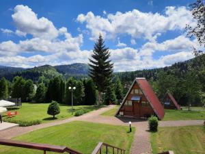 a small cabin in the middle of a green field at Perełka Bieszczady Domki in Cisna