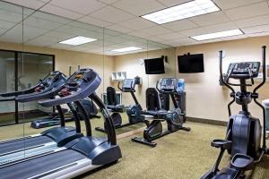 a gym with treadmills and ellipticals in front of a mirror at La Quinta by Wyndham Stamford / New York City in Stamford