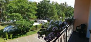 a balcony with flowers and a view of a yard at Wypoczynek Roda in Pobierowo