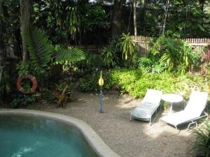 a backyard with a pool and chairs and a table and sidx sidx sidx at Mossman Gorge Bed and Breakfast in Mossman