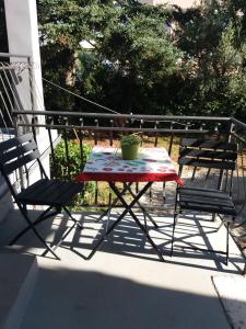 una mesa y sillas en un porche con una planta en Apartments Miri, en Zambratija