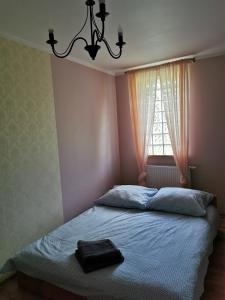 - un lit dans une chambre dotée d'une fenêtre et d'un oreiller noir dans l'établissement Pensjonat Dwa Dęby, à Hajnówka
