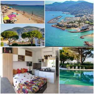 un collage de cuatro fotos de una playa y una cocina en Garden and beach sea view apartment Cannes en Mandelieu-la-Napoule