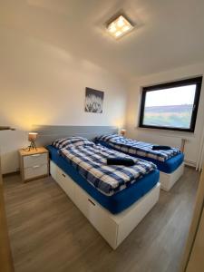 2 Betten in einem Zimmer mit Fenster in der Unterkunft Apartment in Uninähe in Lübeck