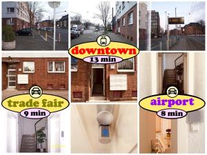 a collage of pictures of a building with signs at E&M Apartments Düsseldorf in Düsseldorf