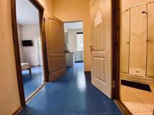 a hallway with a blue floor in a room at Русалка in Szack +91 photos