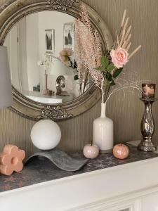 un mantello con specchio e vaso con fiori di Apartments und Zimmer Gästehaus Matthias a Dresda