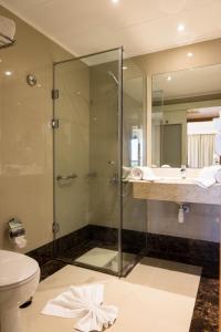 a bathroom with a shower and a toilet and a sink at Plaza Hotel Alexandria in Alexandria