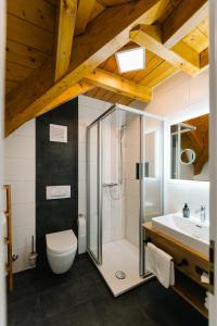 La salle de bains est pourvue d'une douche, de toilettes et d'un lavabo. dans l'établissement Moderne 3 Zi.-FeWo BlackForestArt Nähe Freiburg, à Simonswald