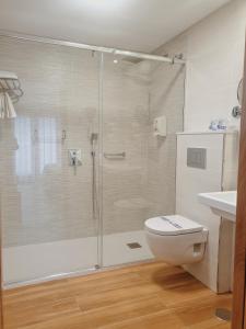 uma casa de banho com um chuveiro, um WC e um lavatório. em Hotel Campomar 3*** Superior em A Lanzada