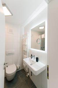 a white bathroom with a toilet and a sink at Modernes Appartment BlackForest Art 35 qm Nähe Freiburg in Simonswald +16 photos
