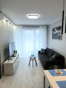 ein Wohnzimmer mit einem schwarzen Sofa und einem TV in der Unterkunft ,Private Apartment, Aircondition, Garage, HD TV pl & de, WiFi, fully equipped, near beach in Kołobrzeg