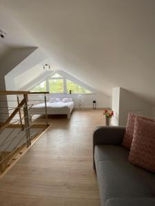 a living room with a couch and a bed at Apartament Meralia in Augustów