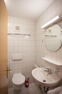 La salle de bains est pourvue d'un lavabo, de toilettes et d'un miroir. dans l'établissement Rustikales Apartment 35qm mit Balkon Nähe Freiburg, à Simonswald