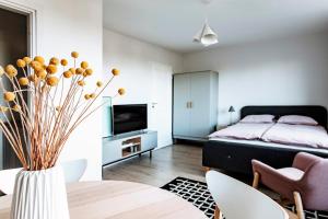 Televízia a/alebo spoločenská miestnosť v ubytovaní Gdynia Square Apartment