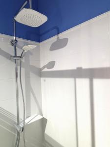 a bathroom with a shower with an apple on the wall at La Casita del Reloj in Santa Cruz de la Palma