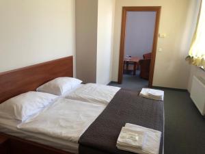 Готель Леон في Zwiahl: غرفة نوم عليها سرير وفوط