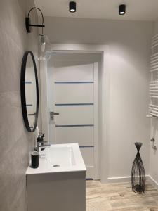 ein Badezimmer mit einem weißen Waschbecken und einem Spiegel in der Unterkunft Centropolis 41 in Toruń