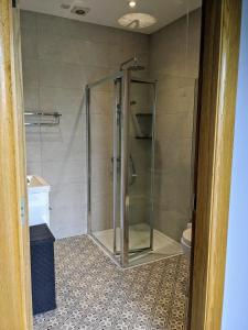 y baño con ducha y puerta de cristal. en The Cottage At Arvalee Retreat, en Omagh