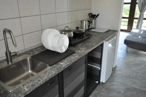a kitchen counter with a sink and a slicer on it at Апартаменты в доме у моря in Dzhubga