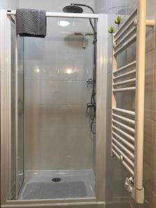 a shower with a glass door in a bathroom at Horta da Rosa - Adults Only in Alvito
