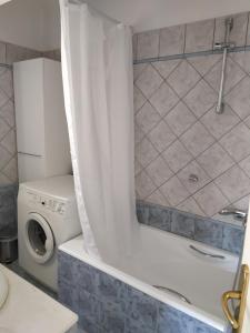 een badkamer met een douche en een wasmachine bij Amalia Bay in Iraklitsa