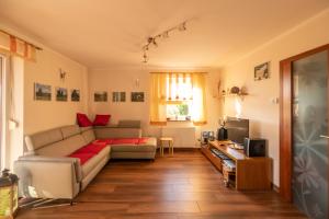 a living room with a couch and a tv at Holiday Home Razglednik in Logatec