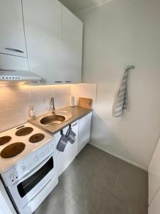 una pequeña cocina con fogones y fregadero en Cosy studio apartment - perfect for your stay in Rovaniemi! en Rovaniemi