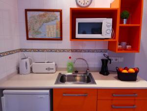 a kitchen with a sink and a microwave at Casablanca El Petit Hotel in Deltebre