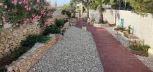 a pathway with chairs and flowers in a yard at La Casa Dei Delfini in Lampedusa