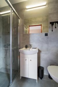 a bathroom with a sink and a shower at BENA pokoje i domki in Dziwnówek