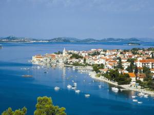 an aerial view of a town with boats in the water at Pirovac - most beautiful beaches in Dalmatia in Pirovac