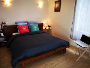 1 dormitorio con 1 cama con almohadas coloridas y ordenador portátil en Gîtes "Le Clos de La Baie", en Paimpol