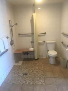 a bathroom with a toilet and a shower stall at Kings Inn Anaheim at The Park & Convention Center in Anaheim