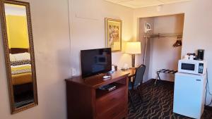 Zimmer mit einem Schreibtisch, einem TV und einem Spiegel in der Unterkunft Hampton Inn (not a Hilton Affiliate) Camp Hill - Harrisburg SW in Harrisburg