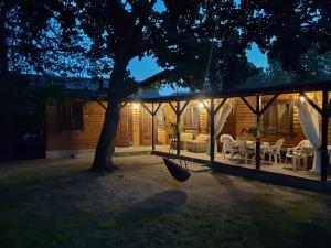 a house with a hammock in the yard at night at Садиба Орисин Явір Orysyn Yavir in Svityazʼ