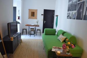 a living room with a green couch and a tv at Cosy apartment in the center of Brussels in Brussels