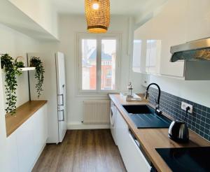 a kitchen with a sink and a refrigerator at EL PARADISE - Coeur de Ville et Basilique au Balcon in Lisieux