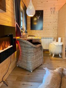 a living room with a fireplace and a wicker chair at Chalet à l'aise met Wellness, Durbuy in Durbuy