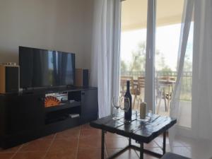 a living room with a tv and a table with a wine bottle at Villa Malena in Rab