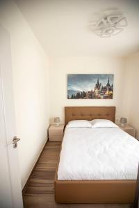 クルジュ・ナポカにあるCovaciu aparthotelのベッドルーム1室(ベッド1台付)が備わります。壁には絵画が飾られています。