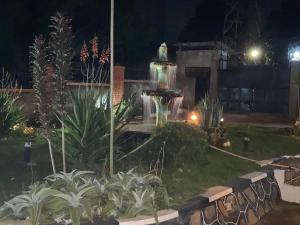 a fountain in the middle of a garden at night at Lake Victoria Country Home in Entebbe